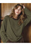 Women's Khaki Brown Striped Oversize Crew Neck Long Sleeve Sweatshirt - 4