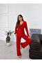 Red ruffle detailed buttoned cotton pajama set - 4