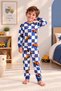 Boys' 100% Cotton Interlock Fabric Long Sleeve Pajama Set with Checkered Work Machine and Vehicle Figures - 3