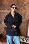 Women's Black Double-Breasted Collared Belted Short Oversized Trench Coat - 3