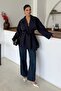 Women's Navy Blue Double-Breasted Collar Belted Short Oversize Trench Coat - 3