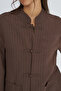 Women's Chinese Collar Authentic Button Detailed Striped Coffee Shirt - 4