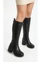 Women's Leather Look Stretch Detailed Side Zipper Thick Heeled Long Boots - 4