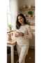 Ecru Bow Patterned Ribbed Knitted Pajama Set - 2