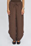 Women's Authentic Striped Brown Trousers with Elastic Waist and Side Slits