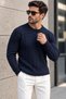 Hair Knit Crew Neck Wool Blend Men's Knitwear Sweater - Navy Blue - 2