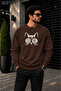 Men's Printed Crew Neck Casual Regular Fit Sweatshirt with Cat Illustration and Glasses