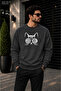 Men's Printed Crew Neck Casual Regular Fit Sweatshirt with Cat Illustration and Glasses