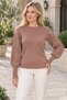 Women's Round Neck Long Sleeve Balloon Sleeve Openwork Cuff and Ribbed Knit Detailed Stylish Elegant Casual Cinnamon Knitwear Sweater