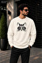 Men's Printed Crew Neck Casual Regular Fit Sweatshirt with Cat Illustration and Glasses