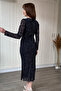Floral Embroidered Velvet Draped Elegant Midi Navy Blue Dress - 6
