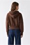 2235 Women's Hooded Zippered Ribbed Short Cardigan Brown - 6