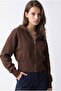 2235 Women's Hooded Zippered Ribbed Short Cardigan Brown - 3