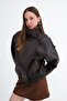 High Collar Faux Leather Jacket C02682 - 4