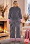 Women's Plus Size Gray Velvet Pajama Set Pink Plush Detailed Long Sleeve Winter Pajamas 38210 - 4