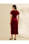 Women Burgundy Plain V Neck Velour Dress - 3