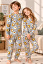 Cute Patterned Crew Neck 100% Cotton Interlock Fabric Long Sleeve Pajama Set for Girls and Boys - 3