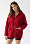 2233 Hooded Pocket Zippered Soft Textured Fleece Sweatshirt Red