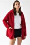 2233 Hooded Pocket Zippered Soft Textured Fleece Sweatshirt Red - 3