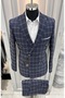 Men's Navy Blue Plaid Patterned Slim Fit Double Breasted Suit - 2