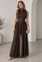 Women's Sandy Fabric Zippered High Collar Sleeveless Gathered Wide Leg Jumpsuit - 3