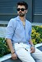 Blue Linen Applique Collar Oversize Men's Shirt - 5