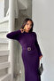 Women's Purple Stylish Belted and Cuff-Button Detailed Long Knit Dress - 4