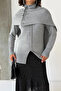 Women's Gray Buttoned Shawl Detailed Slit Premium Quality Knitwear Poncho Sweater - 8