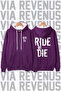 Biker Printed Plum Wide Fit Hoodie - 3 Thread Fleece Hood Lining with Rope Detail