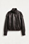 Dark Brown Stand Collar Bomber Leather Jacket - 2