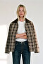 Beige Black Brown Velvet Collared Plaid Oversized Jacket - 3