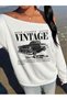 Women's Vintage Car Printed Boat Neck Oversized Sweatshirt - 4