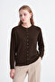 Button Detailed Ribbed Knitwear Brown Cardigan 0042