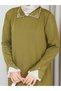 Cold Yarn Stone Detailed Shirt Collar and Ruffled Sleeves Knitwear Dress - 3