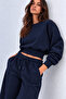 Navy Blue 3-Thread Ribbed Belted Crop Sweatshirt - 4