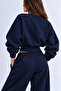 Navy Blue 3-Thread Ribbed Belted Crop Sweatshirt - 3