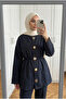 Women's Dark Navy Blue Gathered Waist Suede Textured Jacket and Trousers Two-Piece Set