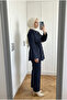 Women's Dark Navy Blue Gathered Waist Suede Textured Jacket and Trousers Two-Piece Set - 3