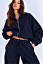 Navy Blue 3 Threaded Embroidered High Collar Oversize Sweatshirt with Iron Zipper - 3