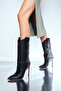 Women's Black Patterned Thin Heeled Leather Boots Wf110001Dv - 2