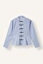 100% Cotton Fitted High Neckline Striped Peplum Poplin Long Sleeve Shirt I8192Ax26Au