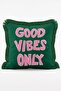 Good Vibes Only Written Pink Emerald Green Modern Fringed Throw Pillow Cover