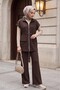 Double Suit with Stand Collar, Zipper Closure, Double Pockets, Elastic Waist - Dark Brown - 3
