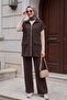 Double Suit with Stand Collar, Zipper Closure, Double Pockets, Elastic Waist - Dark Brown