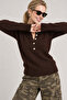 Wool Blend Buttoned Knit Sweater Lki̇0057 Brown - 3