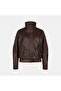 Women's Tan Leather Bomber Jacket with Detachable Collar Detail - 3