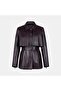 Women's Bitter Brown Belted Double Layered Vest Leather Trench Coat