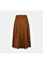 Women's Tan Stitched Detailed Pleated Midi Suede Skirt - 2