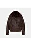 Women's Tan Leather Bomber Jacket with Detachable Collar Detail - 5