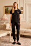 Women's Short Sleeve Letter Pattern Combed Cotton Pajama Set 3394 Black01